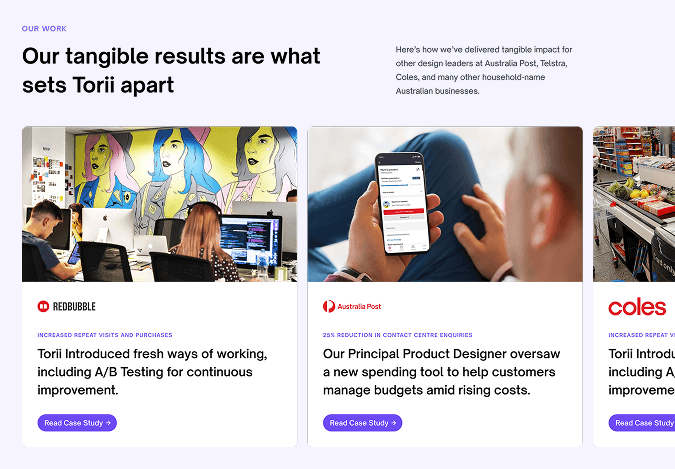 A screenshot of the Torii consulting projects in a swipable carousel.