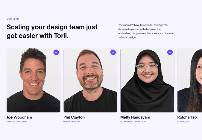 A screenshot of the Torii Consulting team display on their custom website