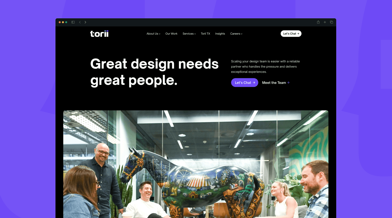 A screenshot of the Torii home page on a purple background